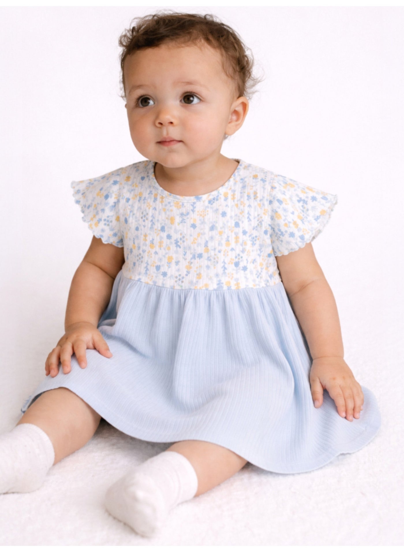 victor and jane Infant Girls Drop Needle Dress with Floral Top & Blue Stripe Skirt